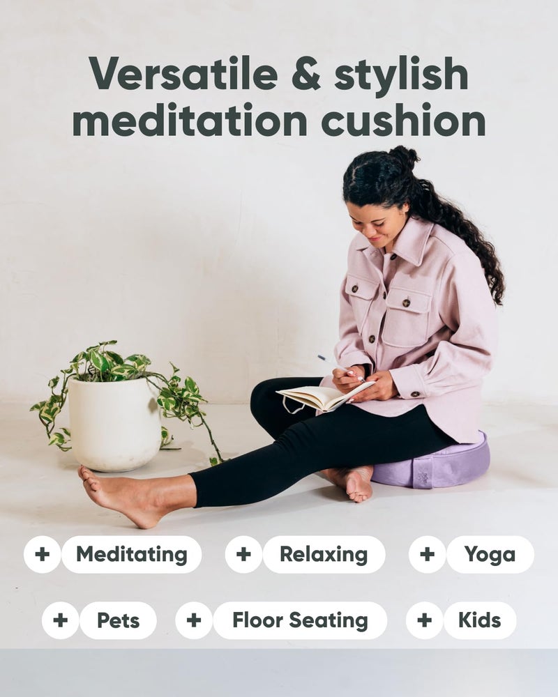 Mindful Modern وسادة تأمل من المخمل العصرية والواعية | وسادة زافو فاخرة لليوغا | دعم الوضعية | مملوءة بقشور الحنطة السوداء | وسادة دائرية كبيرة | غطاء قابل للإزالة والغسل + مقبض حمل | لون بنفسجي - Image 5
